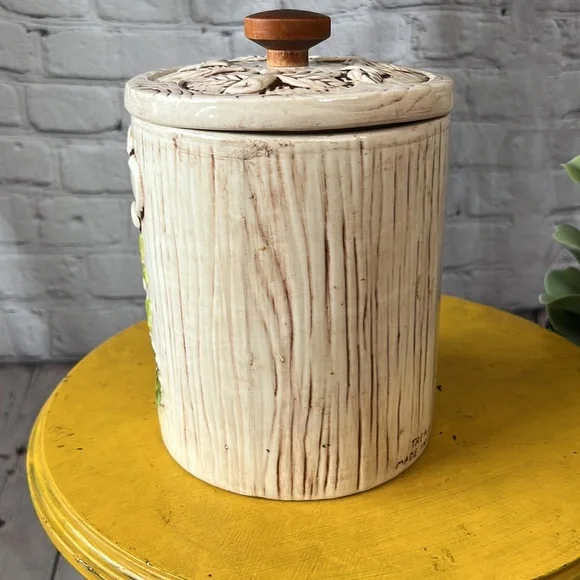 Treasure craft flour floral canister retro vintage 60s 70s BoHo bohemian wood - Picture 4 of 10